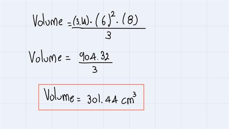 Find the volume of a cone with a height of 8cm and a base radius of 6cm.-example-2