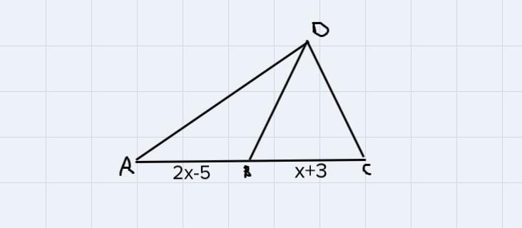 DB is a median of ACD. Find x if AB = 2x – 5 and BC = x + 3.-example-1