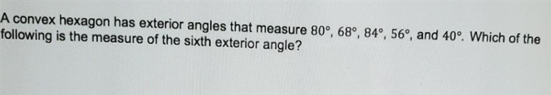 Which of the following is the measure of the sixth exterior anglea. 32b. 60c. 180d-example-1