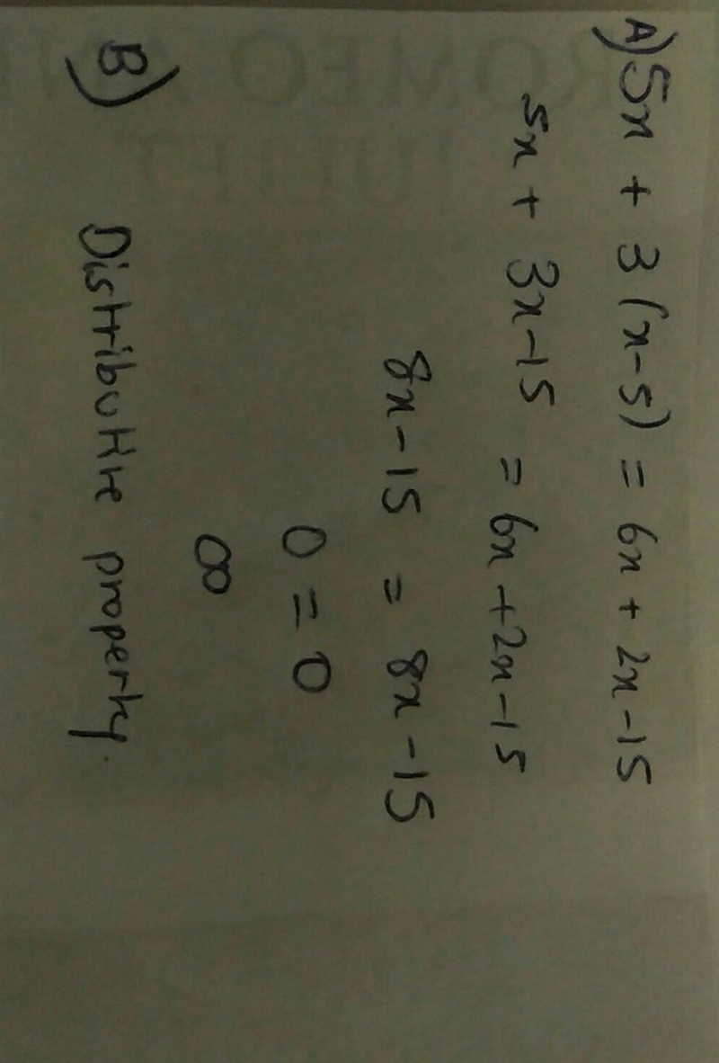 An equation is shown below: 5x + 3(x − 5) = 6x + 2x − 15 Part A: Solve the equation-example-1