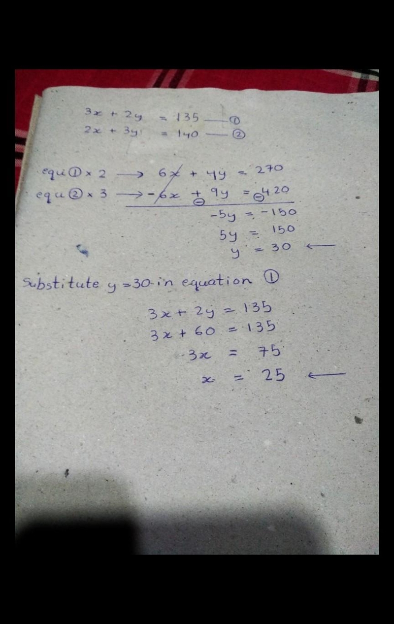 3 books and 2 pens cost R135 while 2 books and 3 pens cost R140.Calculate the cost-example-1