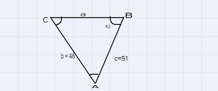 Consider a triangle ABC like the one below. Suppose that b=46, c=51, andB=42°. (The-example-1