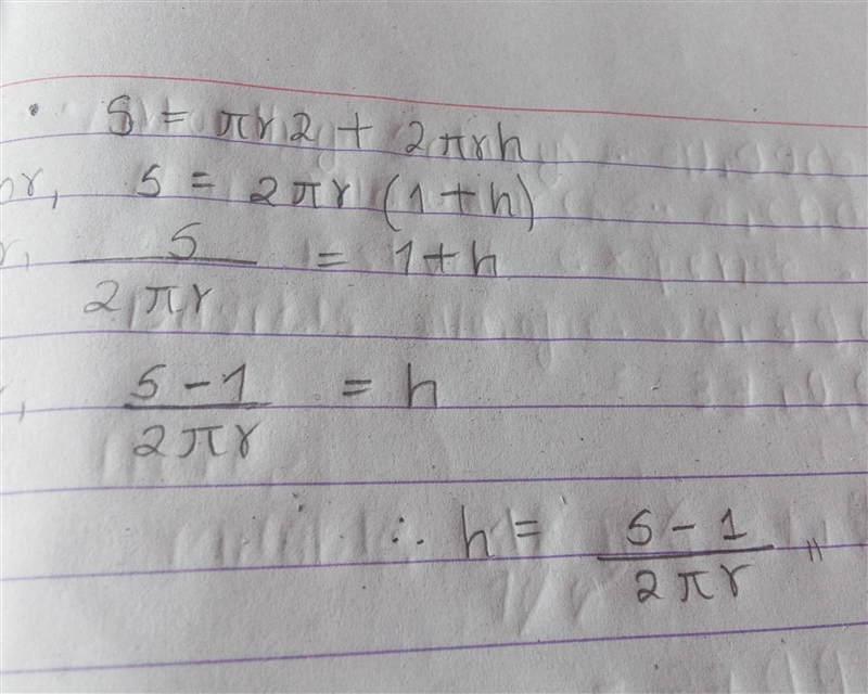 The formula for the surface area S of an open-top cylinder is S=πr2+2πrh, where r-example-1