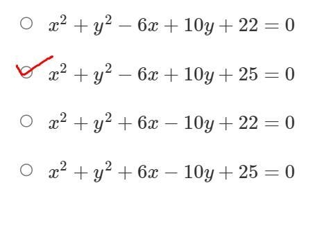 What is the equation of the circle in general form?x2+y2−6x+10y+22=0x squared plus-example-1