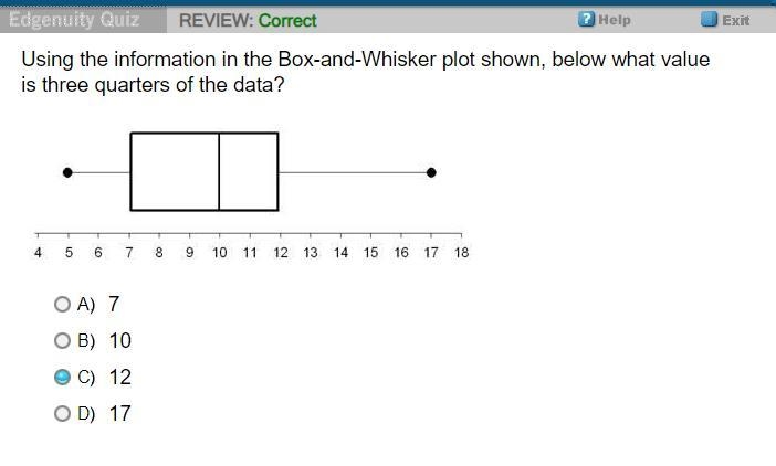 Using the information in the Box-and-Whisker plot shown, below what value is three-example-1