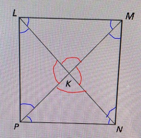 The diagonals of a square LMNP intersect at K. Given that MK=3 and MN=4.24, find measure-example-1