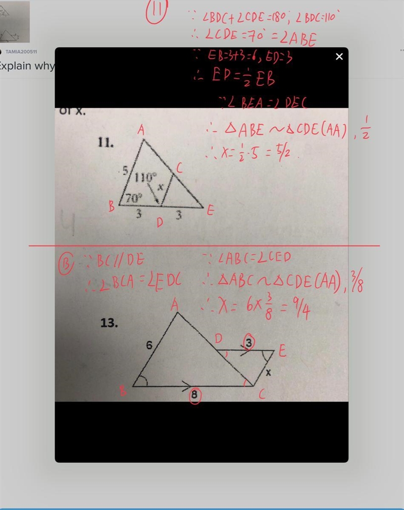 Explain why the triangles are similar. Then, find the value of x.-example-1