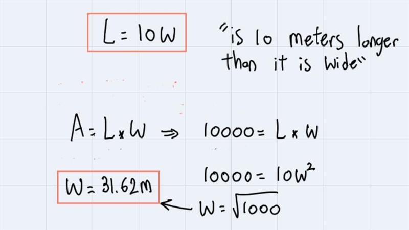 a rectangular plot of ground is 10 meters longer than it is wide. its area is 10,000 square-example-2