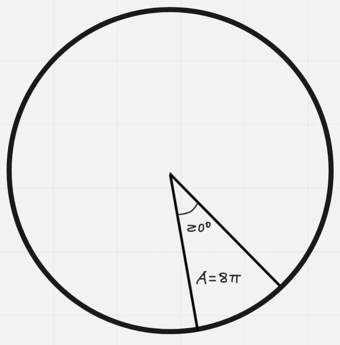 The area of a sector with angle 20 degrees is 8pi. What is the radius of the associated-example-1