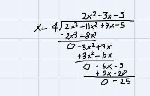 Given f(x), use Remainder Theorem to find f(4). f (x) = 2x^3 – 11x^2 + 7x - 5-example-4