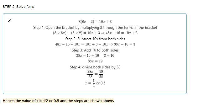 The equation is 8(6x-2 ) = 10 x +3solve for x-example-1