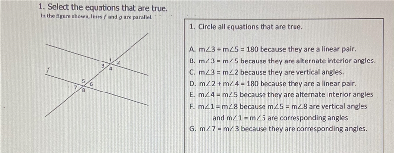 1. Select the equations that are true.In the figure shown, lines f and g are parallel-example-1