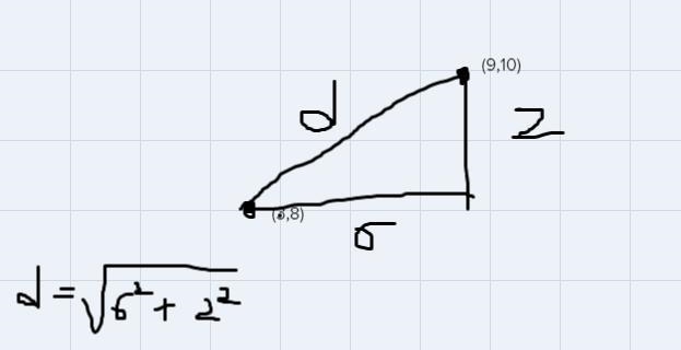 Finding the distance formula (3,8) (9,10)-example-1