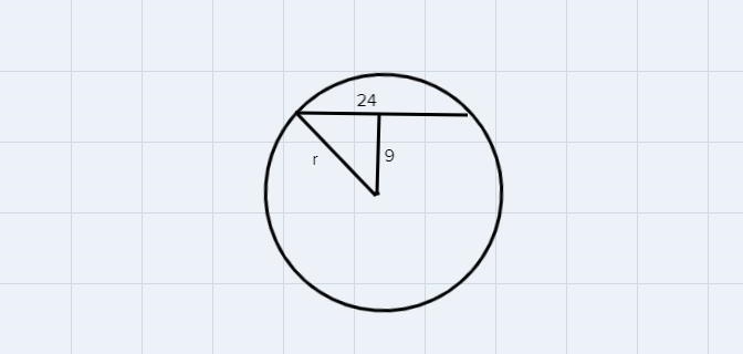 Determine the radius of a circle if a chord is 24in and is 9in away from the center-example-1