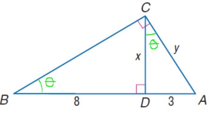 geometrysolve for x and y: geometric meanset proportions and then solveplease help-example-1