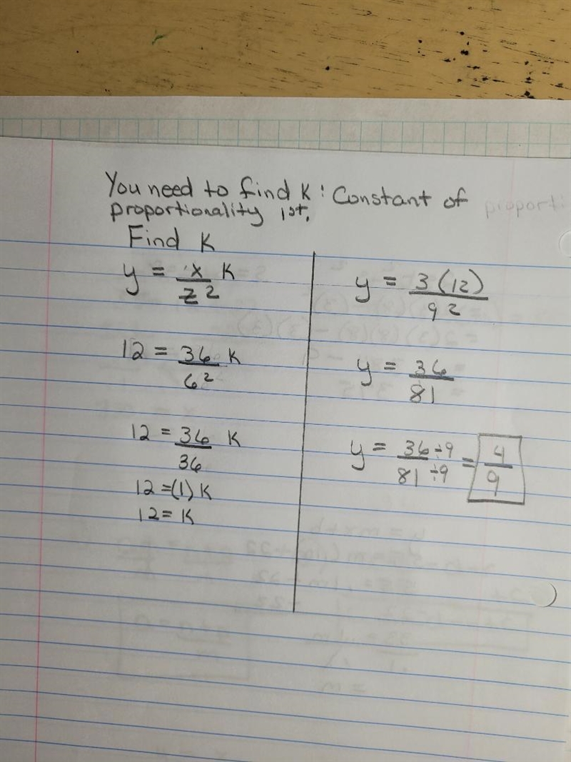 y varies directly as x and inversely as the square of z. y = 12 when x= 36 and z=6. Find-example-1