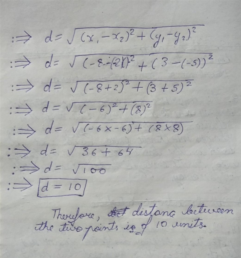 Find the distance between the two points in simplest radical form. (-8,3) and (-2,-5)-example-1