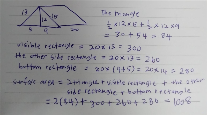 Find the total surface area of this triangular prism. 13 cm 15 cm 12 cm 20 cm 5 cm-example-1