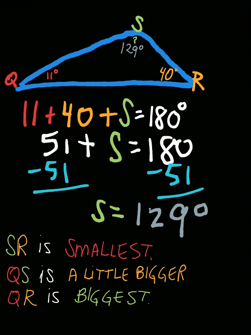 In ΔQRS, m∠Q = 11° and m∠R = 40°. Which list has the sides of ΔQRS in order from shortest-example-1