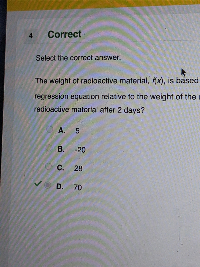 PLEASE HELP ASAP! The weight of radioactive material, f(x), is based on the number-example-1