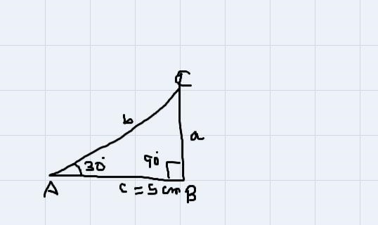 Given that the measure of angle a is 30 degrees and the length of segment c is 5cm-example-1