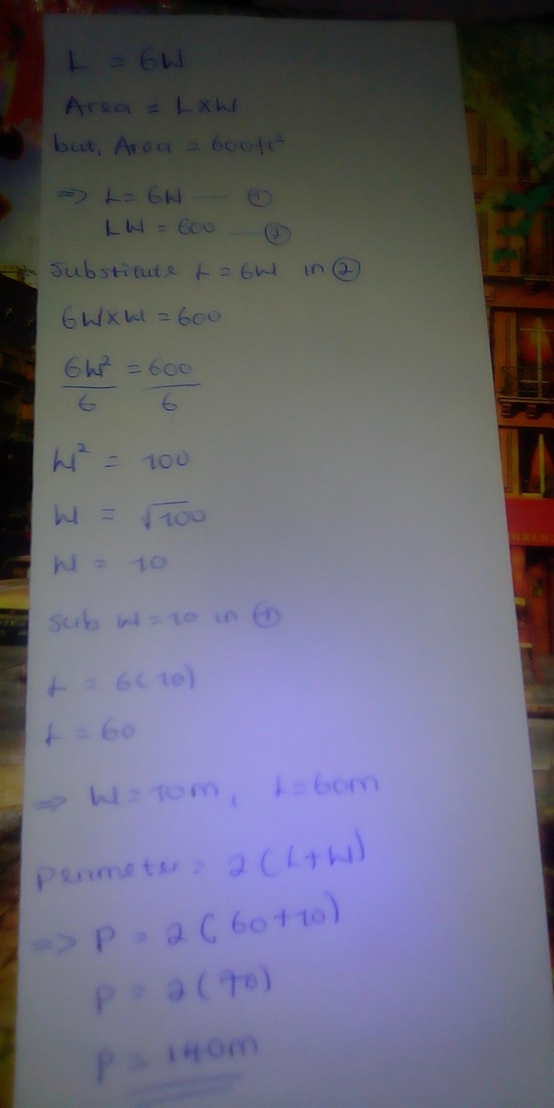 V The length of a rectangle is six times its width. If the area of the rectangle is-example-1