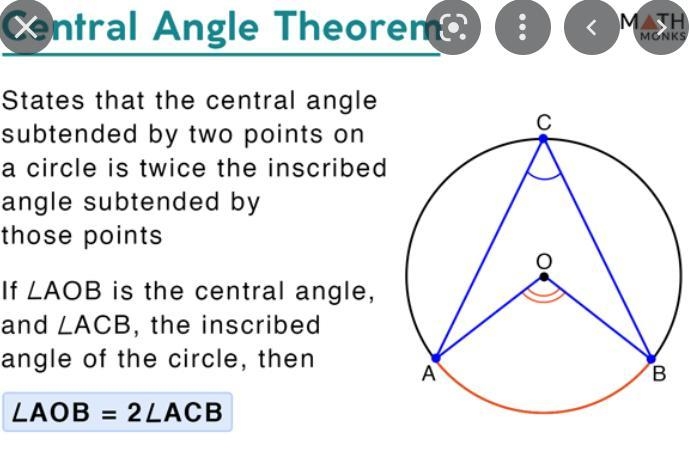 Explain the differences between an inscribed angle and a central angle. Be sure to-example-2