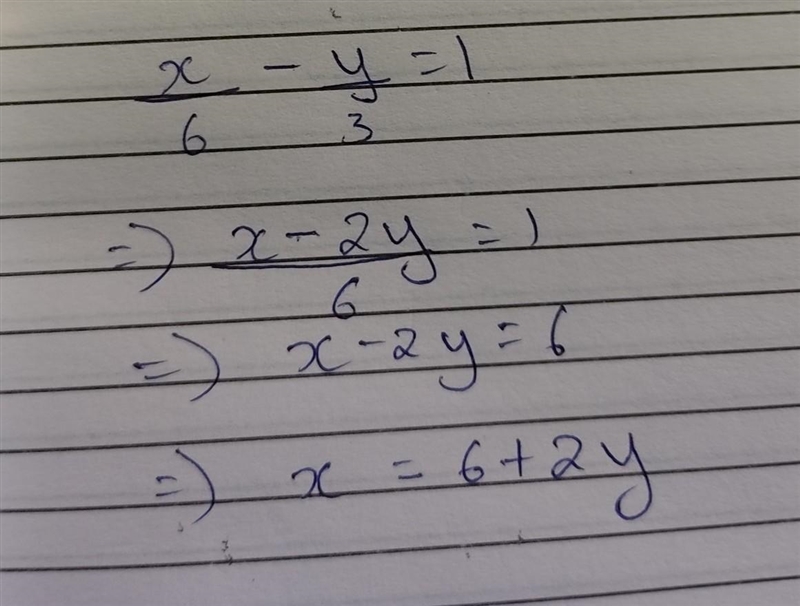 Solve for X: X/6-y/3=1-example-1