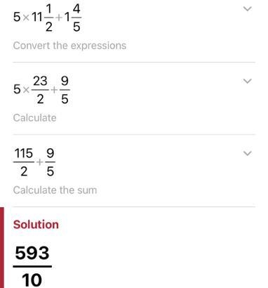 Evaluate the expression. – 5×(6+ – 5 1/ 2 )– – 1 4 /5. Write your answer as a fraction-example-1