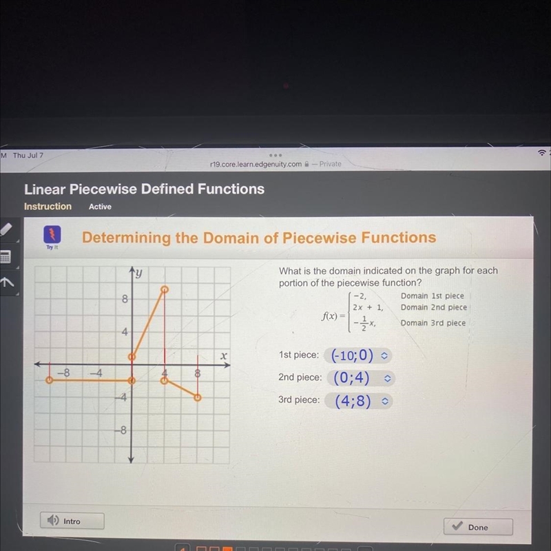 What is the domain indicated on the graph for each portion of the piecewise function-example-1