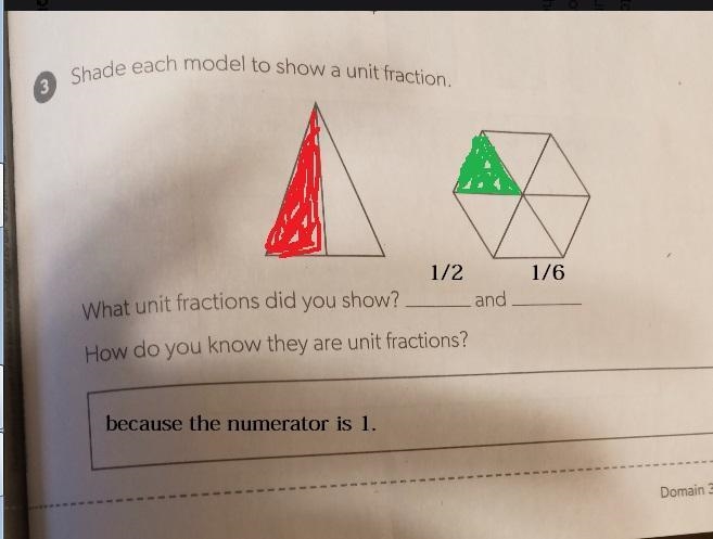 Shade each model to show a unit fraction. What unit fractions did you show and. ? How-example-1