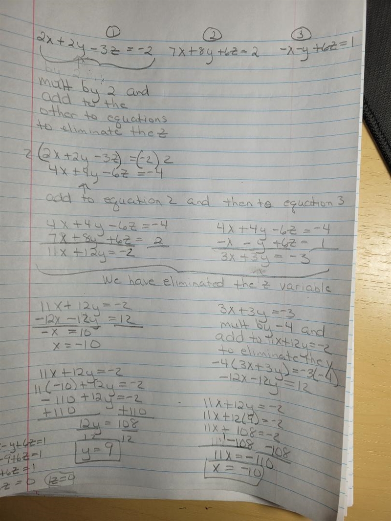 Solve the following system of equations for all three variables. 2x + 2y - 3z = -2 7x-example-1