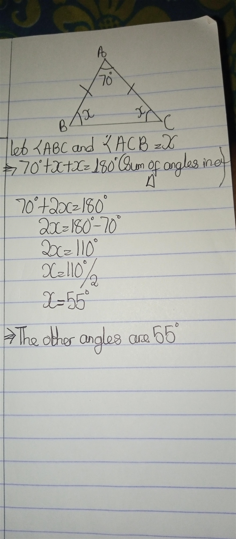 If the angle of an isosceles triangle at the top of the triangle is 70 degrees, then-example-1