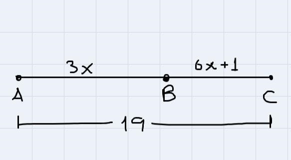 If b is between A and C and AB=3X, BC=6X+1, and AC=19. find x and BC-example-1