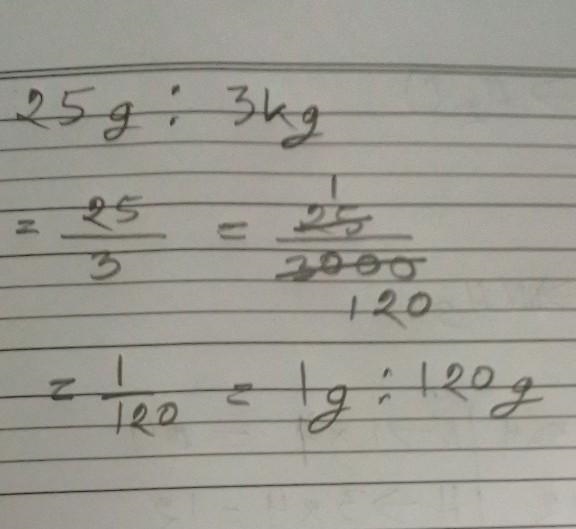 Simplest form of ratio 25g:3kg-example-1