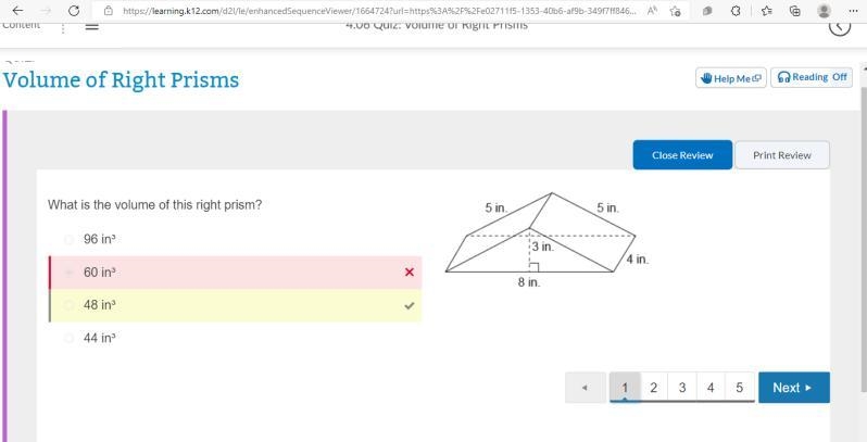 What is the volume of this right prism? 96 in³ 60 in³ 48 in³ 44 in³ Right triangular-example-1