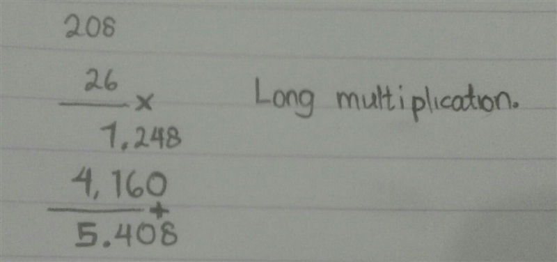 208 x 26 using long multiplication-example-1