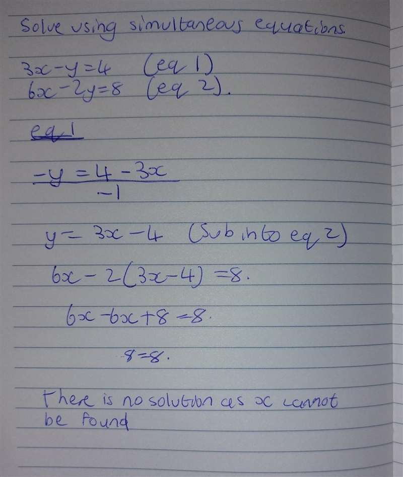 Does 3x-y=4 and 6x-2y=8 have a solution?-example-1