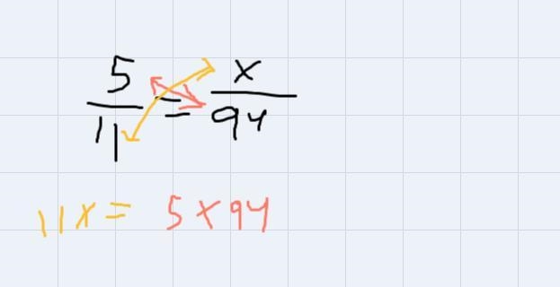 Find the unknown number in the proportion 5/11 = х/94 Round your answer to the nearest-example-1