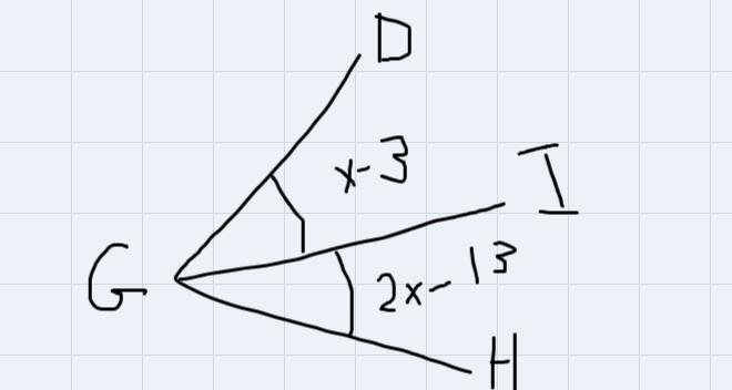 G I bisects ∠ D G H so that m ∠ D G I is x − 3 and m ∠ I G H is 2 x − 13 . Find the-example-1