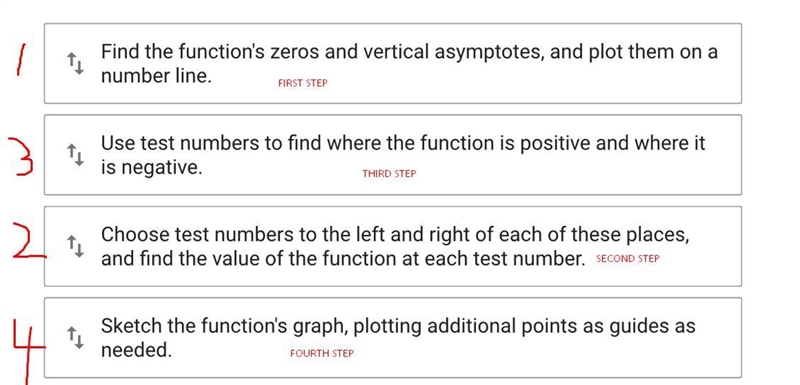 Place the steps to sketch the graph of a rational function in the appropriate order-example-1