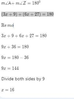 ZA and ZB are supplementary angles. If mZA= (3x + 9)° and m ZB = (6x + 27)°, then-example-1