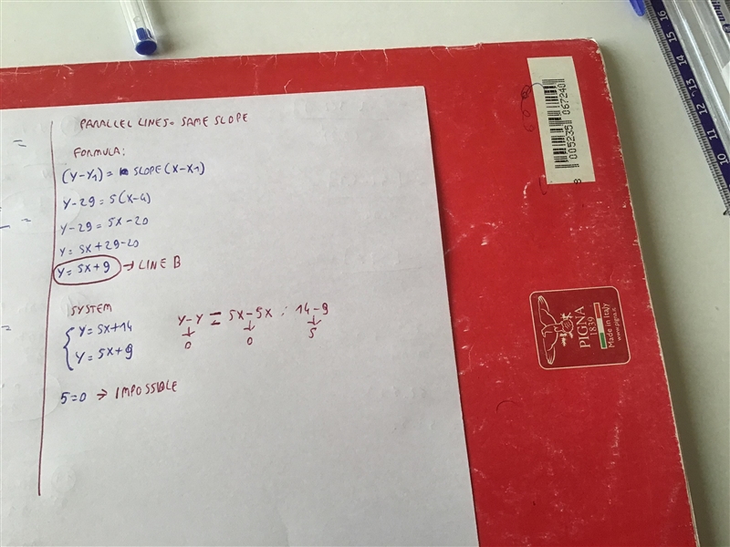 The equation of line A is y = 5x + 14. Line B is parallel to line A and passes through-example-1