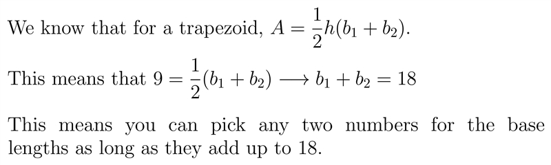 Find two possible lengths of the bases of a trapezoid with a height of 1 foot and-example-1