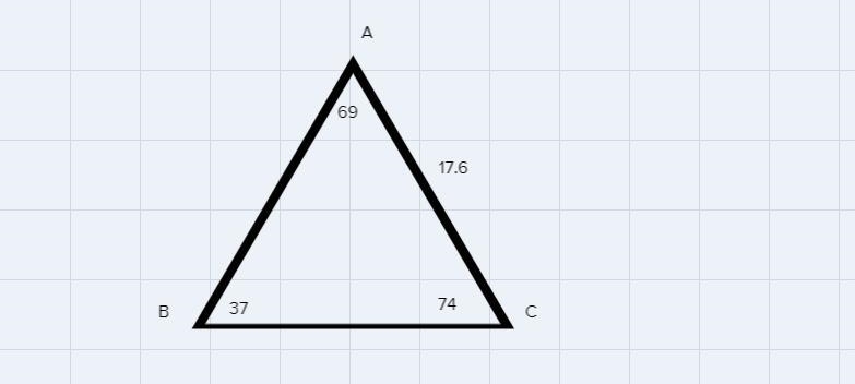 Triangle ABC has the following measures: m∠B=37∘, m∠C=74∘, and b=17.6. What is the-example-1