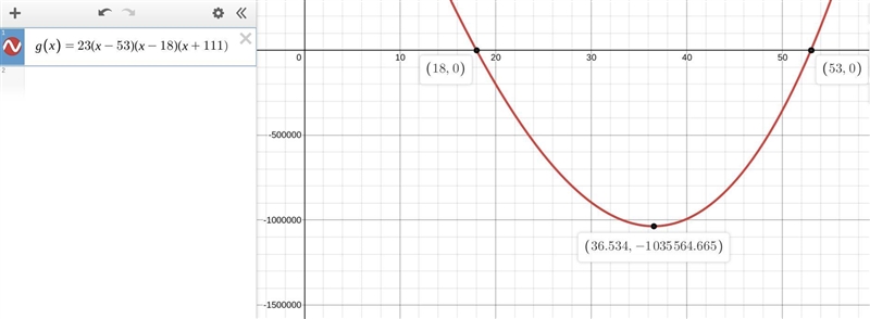 Select some different windows for graphing the function 9(x) = 23(x - 53)(x - 18) (x-example-2