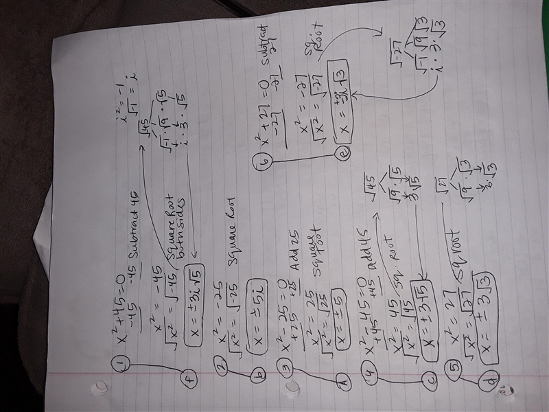 A x = ±5 b. x = ±5i C. x = ±3√√5 d. x = ±3√3 e. x = ±3i√√3 f. x= ±3i√√5 1. x^2+45=0 2. x-example-1