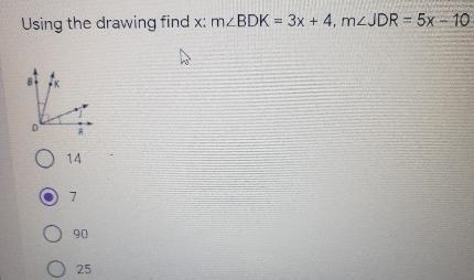 Using the drawing find x: mBDK 3x+ 4, mzJDR 5x 10 14 7 90 25-example-1