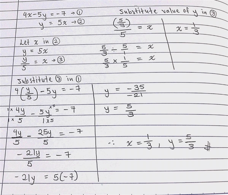 Use substitution to solve each system of equations. 4x – 5y = –7 y = 5x-example-1