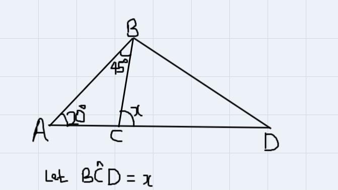 Given that BCD and BCA form a straight angle, if BAC measures 20degrees and ABC measures-example-1